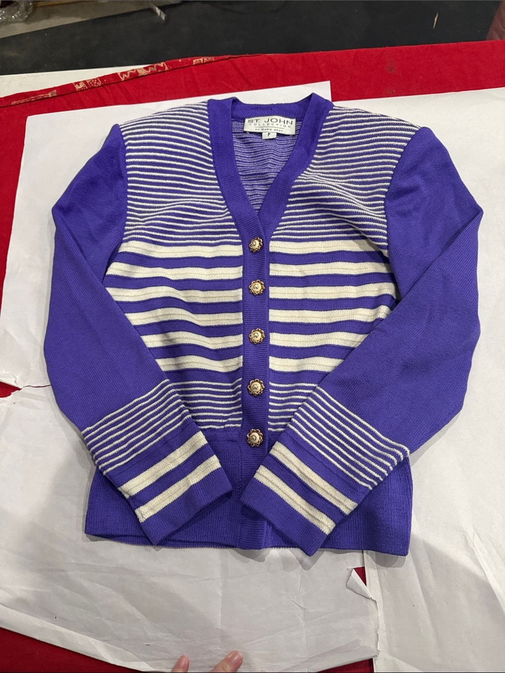St. John Purple & Cream Striped V-Neck Button Cardigan with shoulder padding